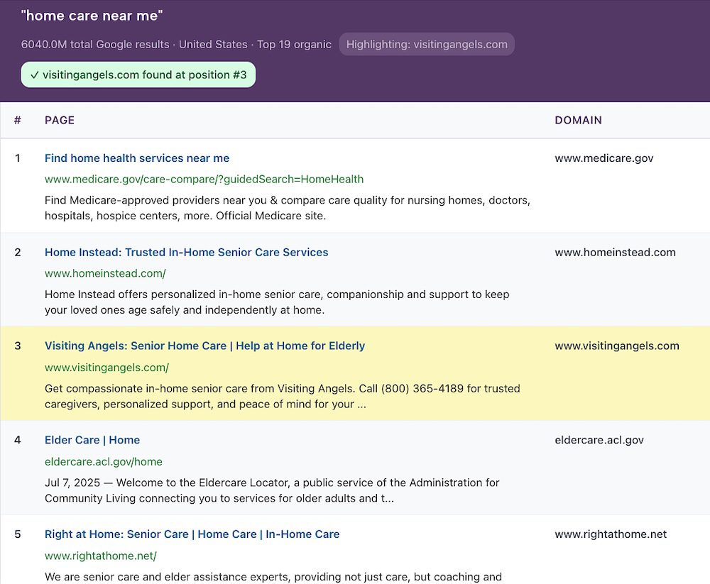 Example rankings for the SERP Overview tool
