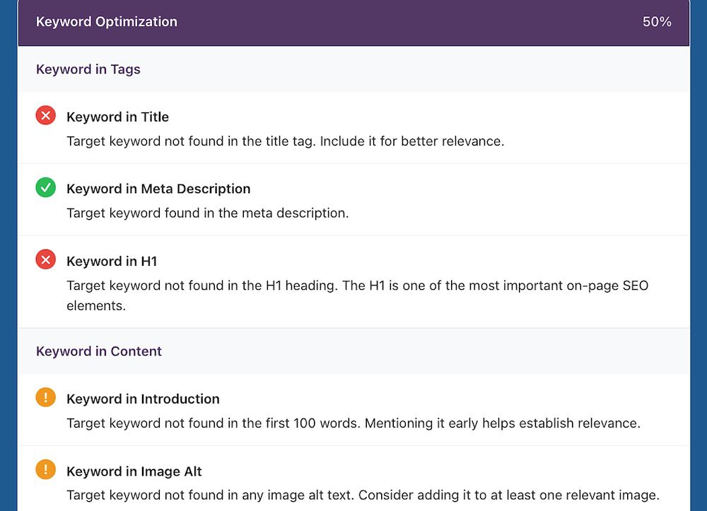 On-Page Checker tool looking at keyword optimization