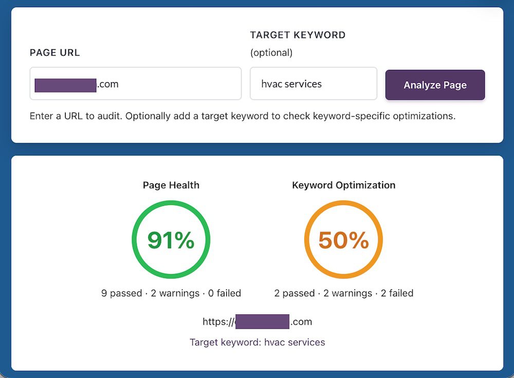 Keyword optimization results from the On-Page Checker tool