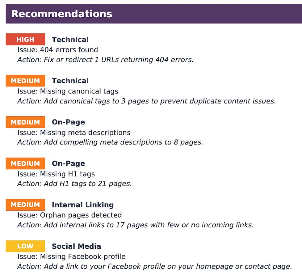 Example results from the Technical SEO Audit tool
