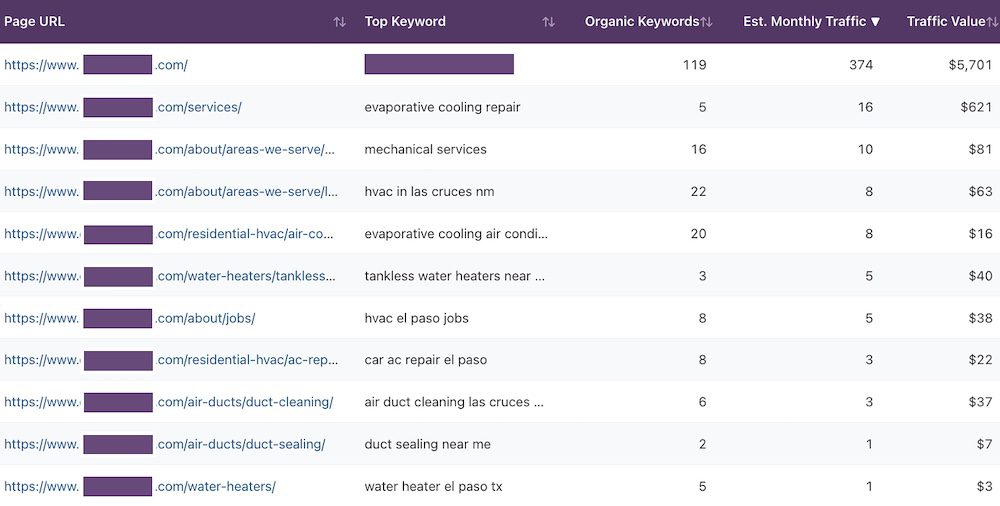 Example of the Top Pages Analyzer tool